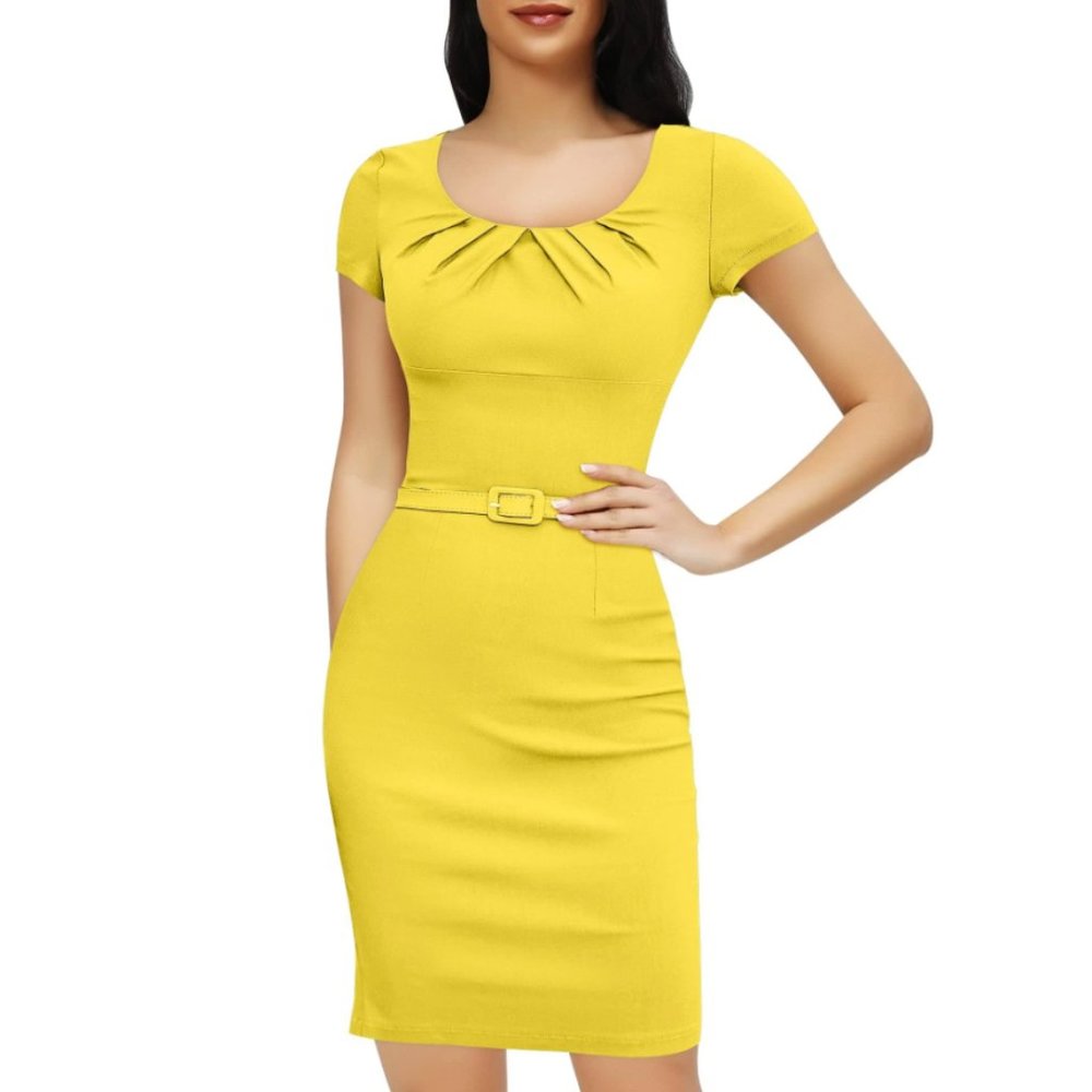 Muxxn Women's Elegant Cap Sleeve Tea Length Formal Work Dress Yellow NWT